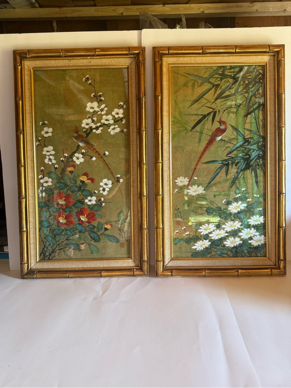 Vintage 2 Watercolor Painting Cork Paper Bird & Flowers Gold Bamboo Frame Signed